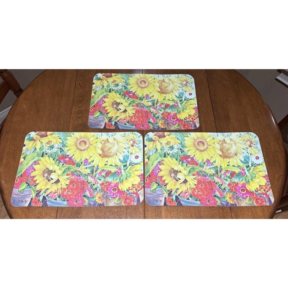 Jan Ford Plastic 2-Sided Sunflower Vintage Placemats Set of 3 - 11 x 17 inches